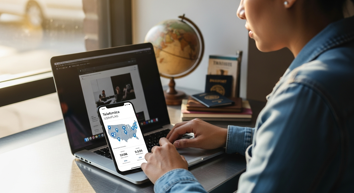 Telefonica eSimFLAG US Unlimited Data eSIM card displayed on smartphone screen with connectivity icons
