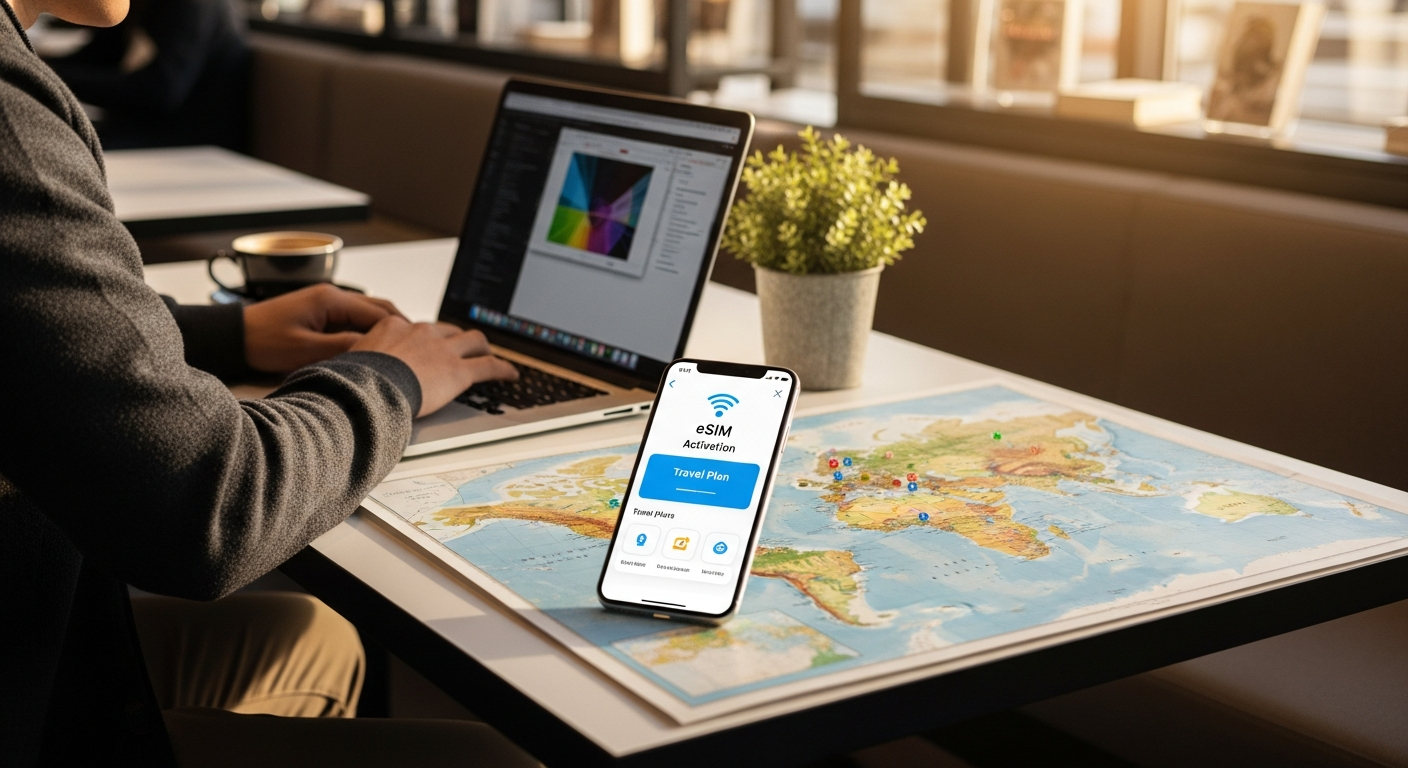 Telefonica eSimFLAG unlimited travel data eSIM card displayed on smartphone screen with world map background showing 170+ country coverage