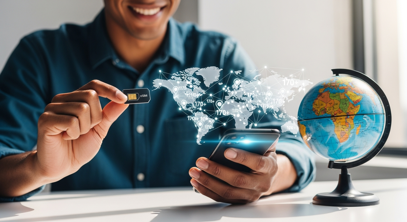 eSIMFLAG unlimited data travel eSIM card displayed on smartphone screen with global connectivity map