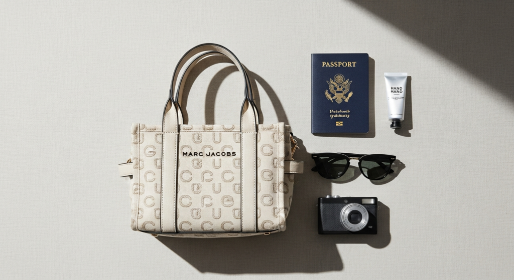 Marc Jacobs Mini Jacquard Tote Bag in beige with leather handles and adjustable shoulder strap