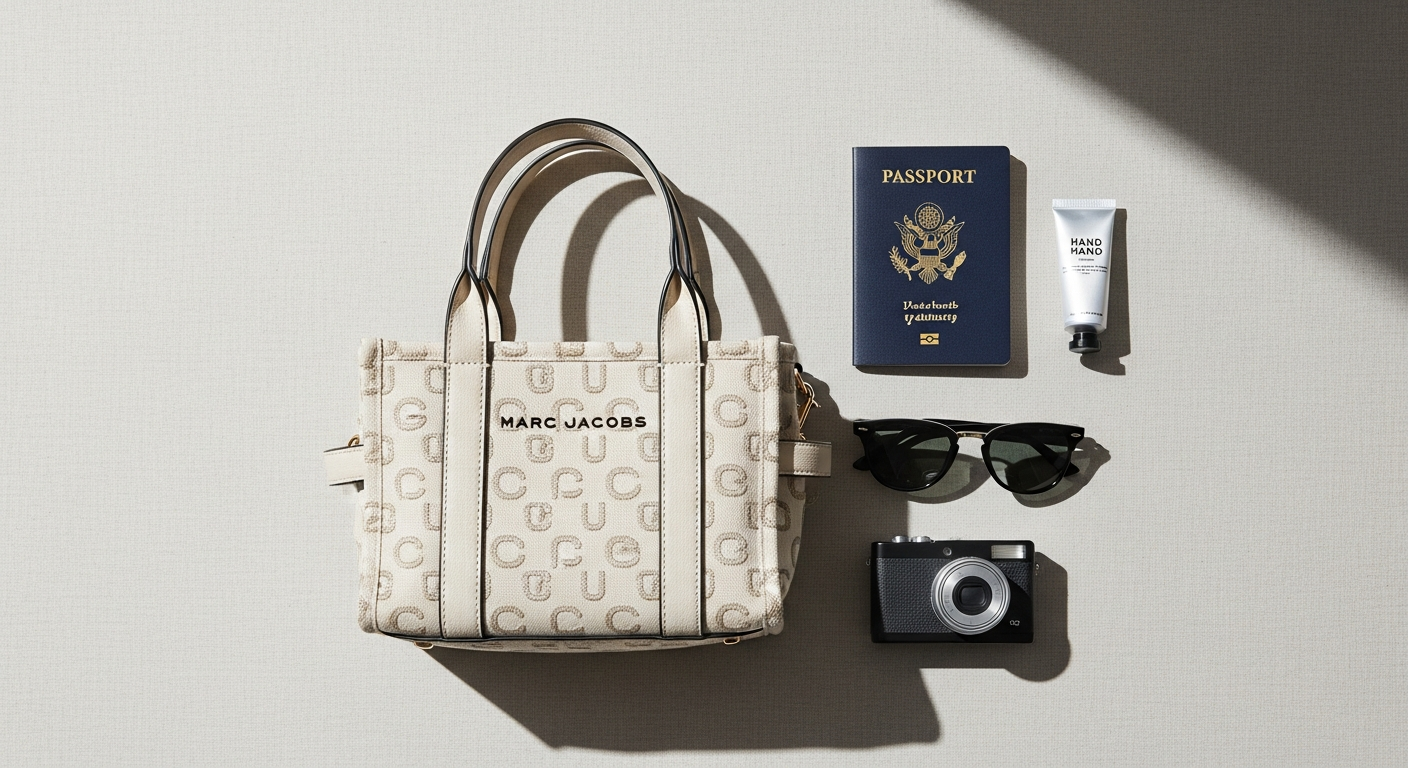 Marc Jacobs Mini Jacquard Tote Bag in beige with leather handles and adjustable shoulder strap