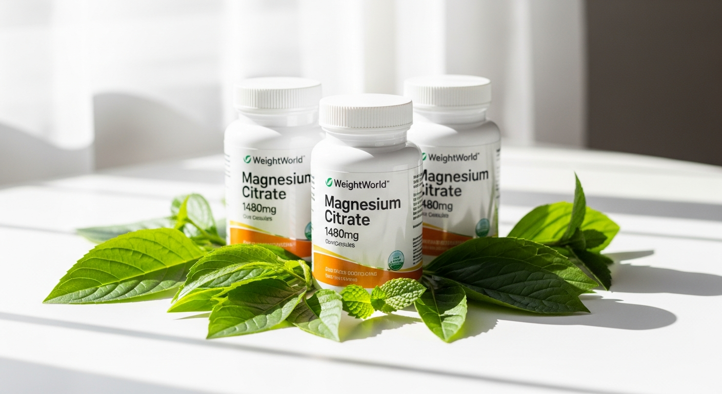 WeightWorld Magnesium Citrate 1480mg capsules bottle displayed with supplement facts and customer review ratings