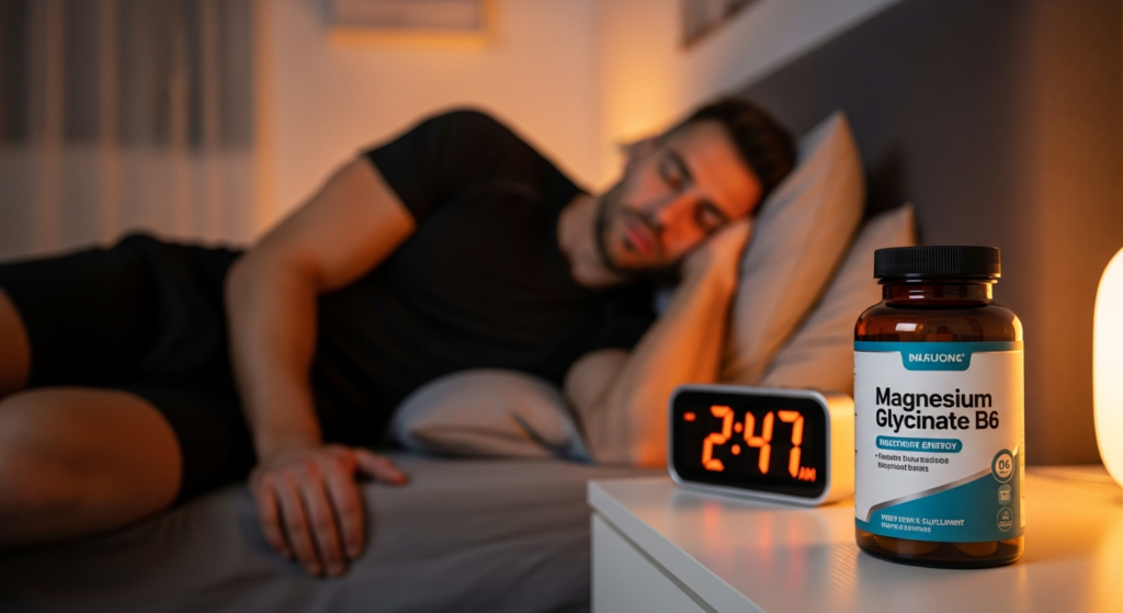Night shift worker and athlete recovering with magnesium glycinate supplement for energy and sleep
