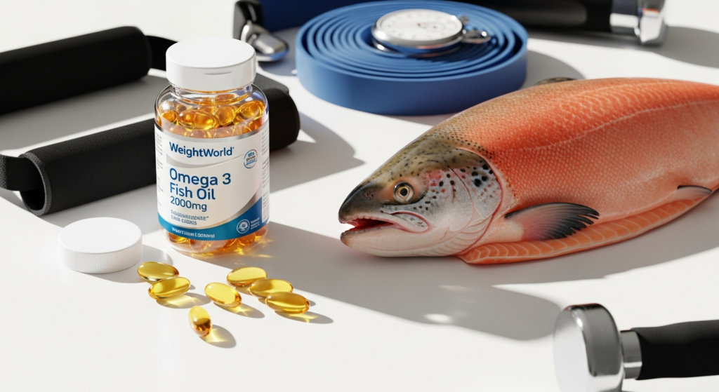 WeightWorld Omega 3 Fish Oil 2000mg softgels bottle displayed with fresh fish and supplement capsules