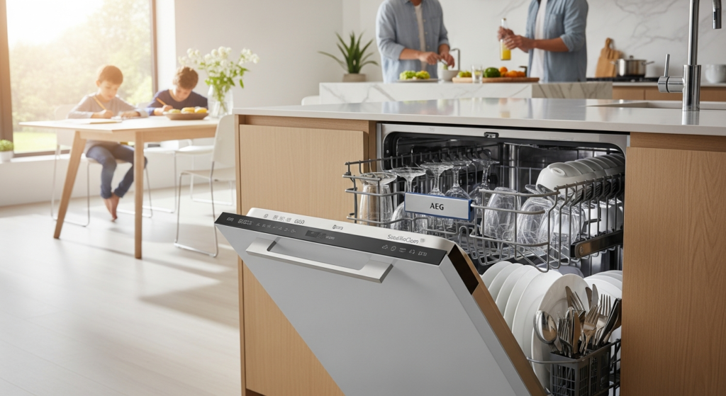 AEG 6000 SatelliteClean integrated dishwasher with open door showing flexible loading system and spray arms