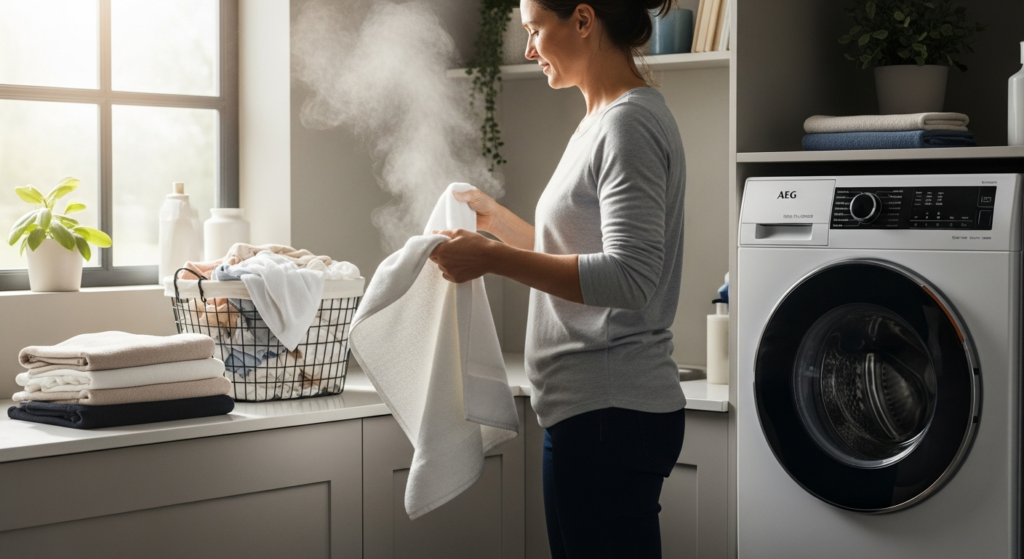 AEG 7000 ProSteam Washing Machine with digital display and stainless steel finish in modern laundry room