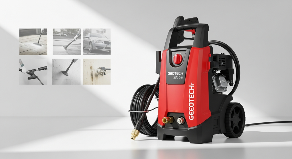 GeoTech PWP 15/235 ZW Benzin-Hochdruckreiniger mit Trolley und Schlauch auf Baustelle