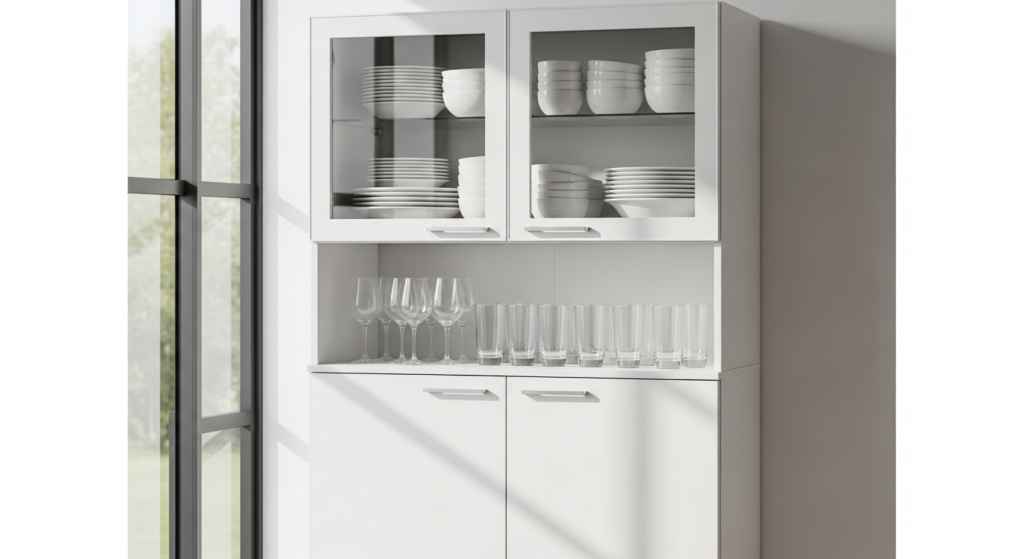 Modern white HOMCOM kitchen cabinet with glass doors and adjustable shelves for storage