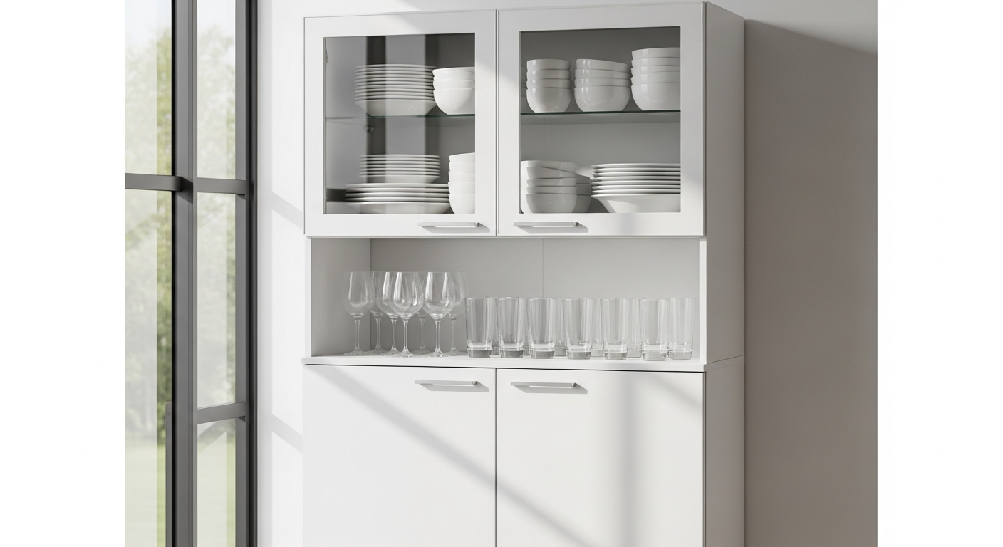 Modern white HOMCOM kitchen cabinet with glass doors and adjustable shelves for storage