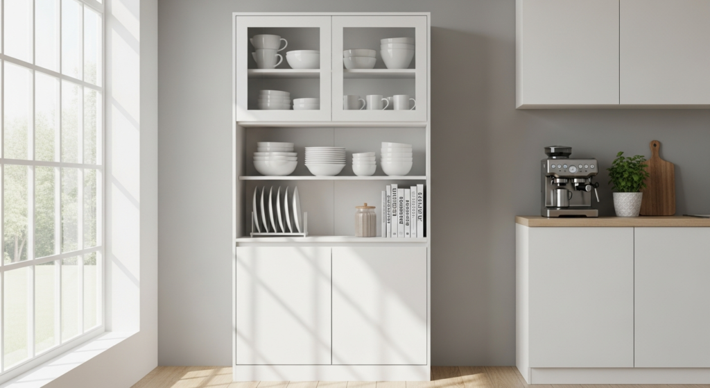 HOMCOM white kitchen storage cabinet with glass doors and adjustable shelves