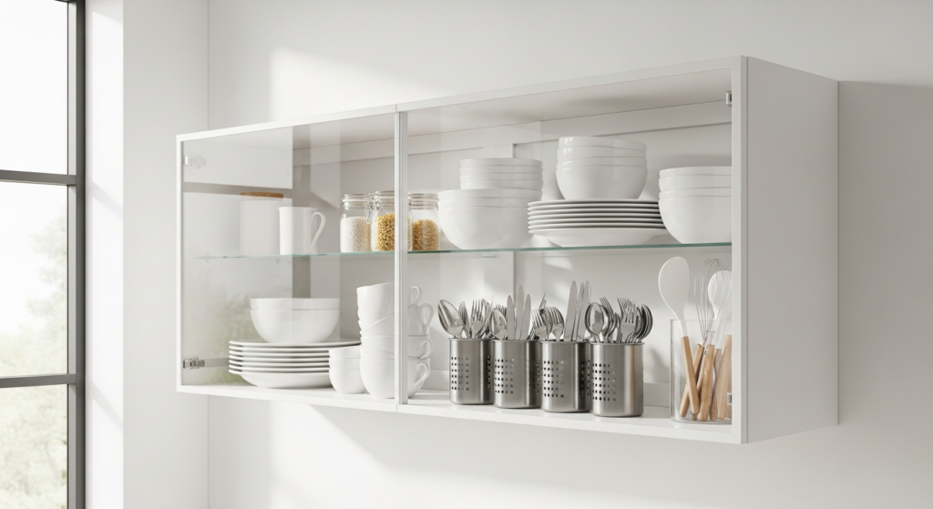 HOMCOM white kitchen cabinet with glass doors and adjustable shelves for modern kitchen storage