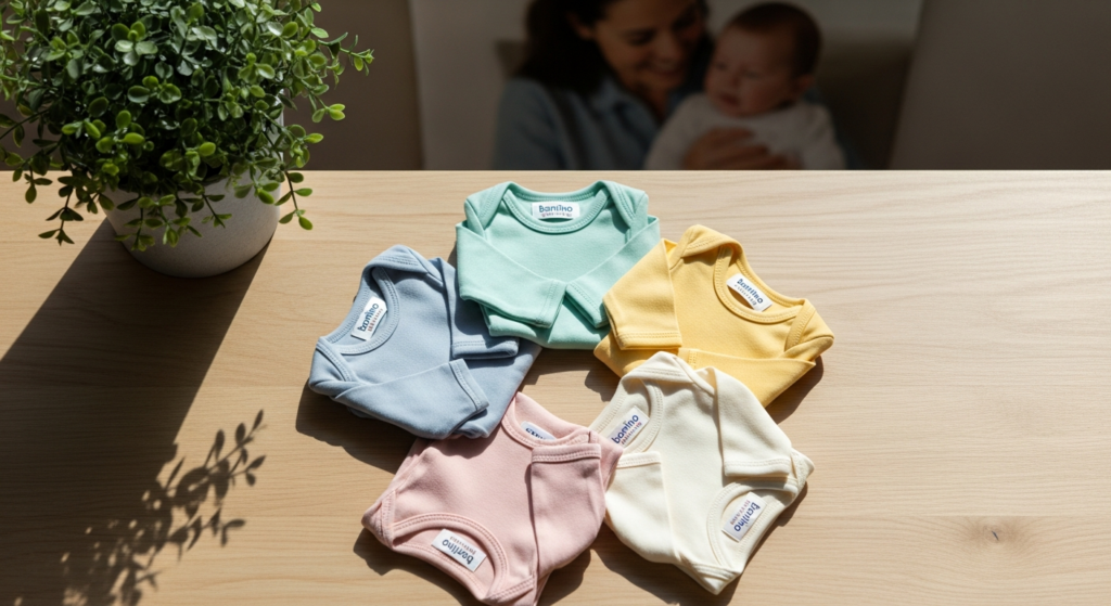 Bornino Lieblinge 5-pack long-sleeve baby bodysuits in soft cotton displayed on neutral background