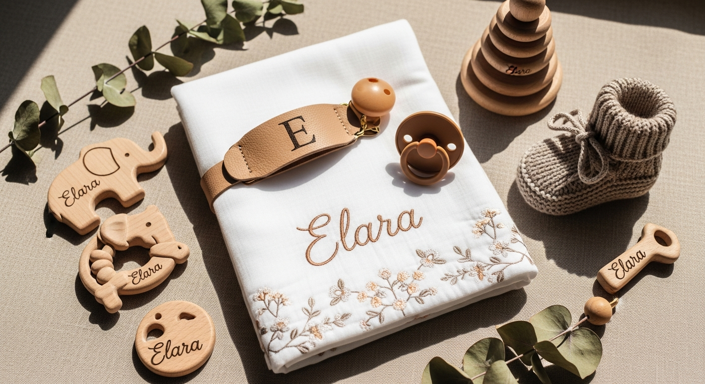 Personalized baby comfort items with embroidered names displayed in a modern nursery setting