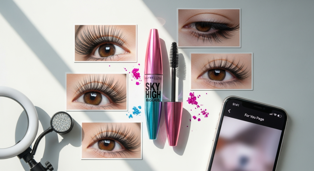 Maybelline Sky High Mascara lengthening brush with bamboo formula creating dramatic false lash effect