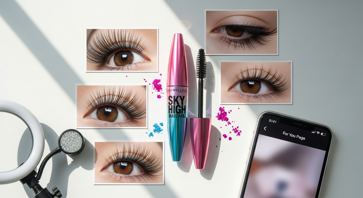 Maybelline Sky High Mascara lengthening brush with bamboo formula creating dramatic false lash effect
