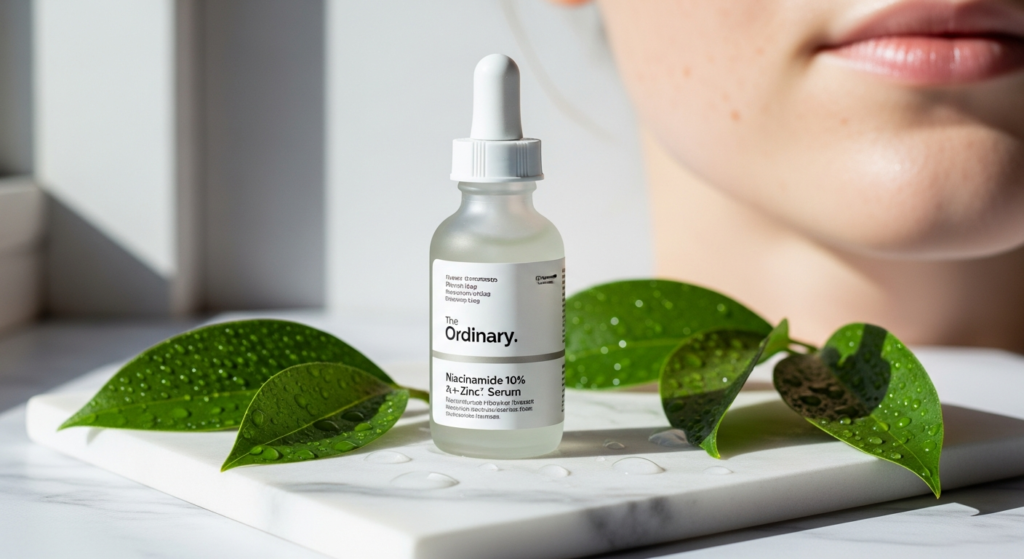 The Ordinary Niacinamide 10% + Zinc 1% Serum bottle displayed with skincare ingredients and clear complexion results