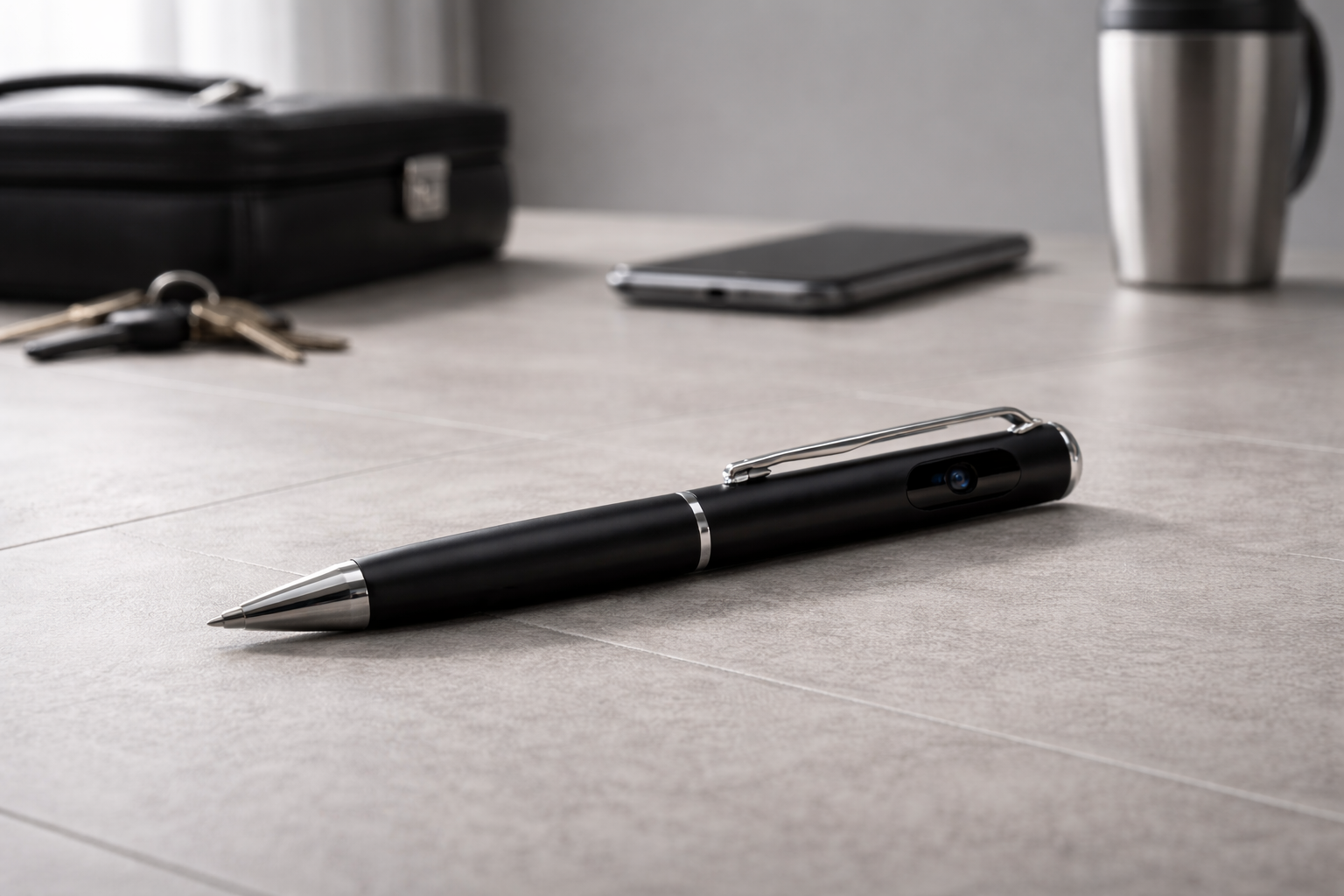 iSpyPen Pro X 2K HD spy camera pen placed on a tiled floor with blurred background items including keys, smartphone, briefcase, and coffee mug, highlighting a discreet hidden camera pen in a realistic lifestyle setting