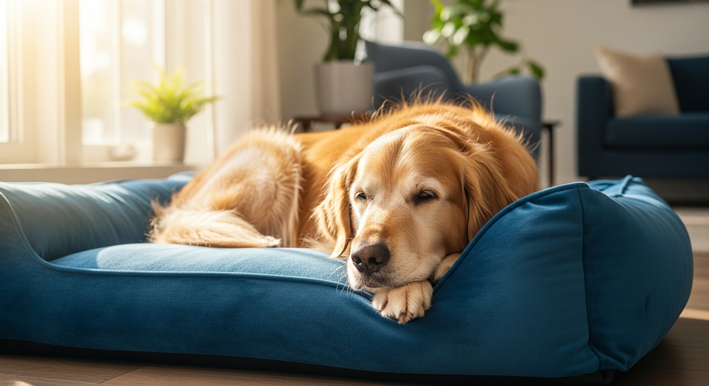 Senior dog resting peacefully on orthopedic memory foam bed with velour cover