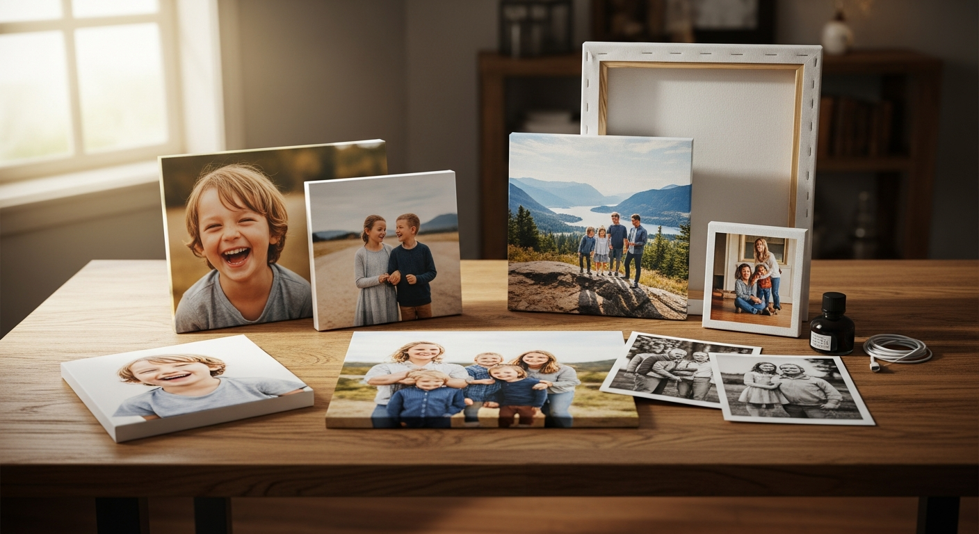 Custom photo canvas print displaying vibrant family memories on modern living room wall