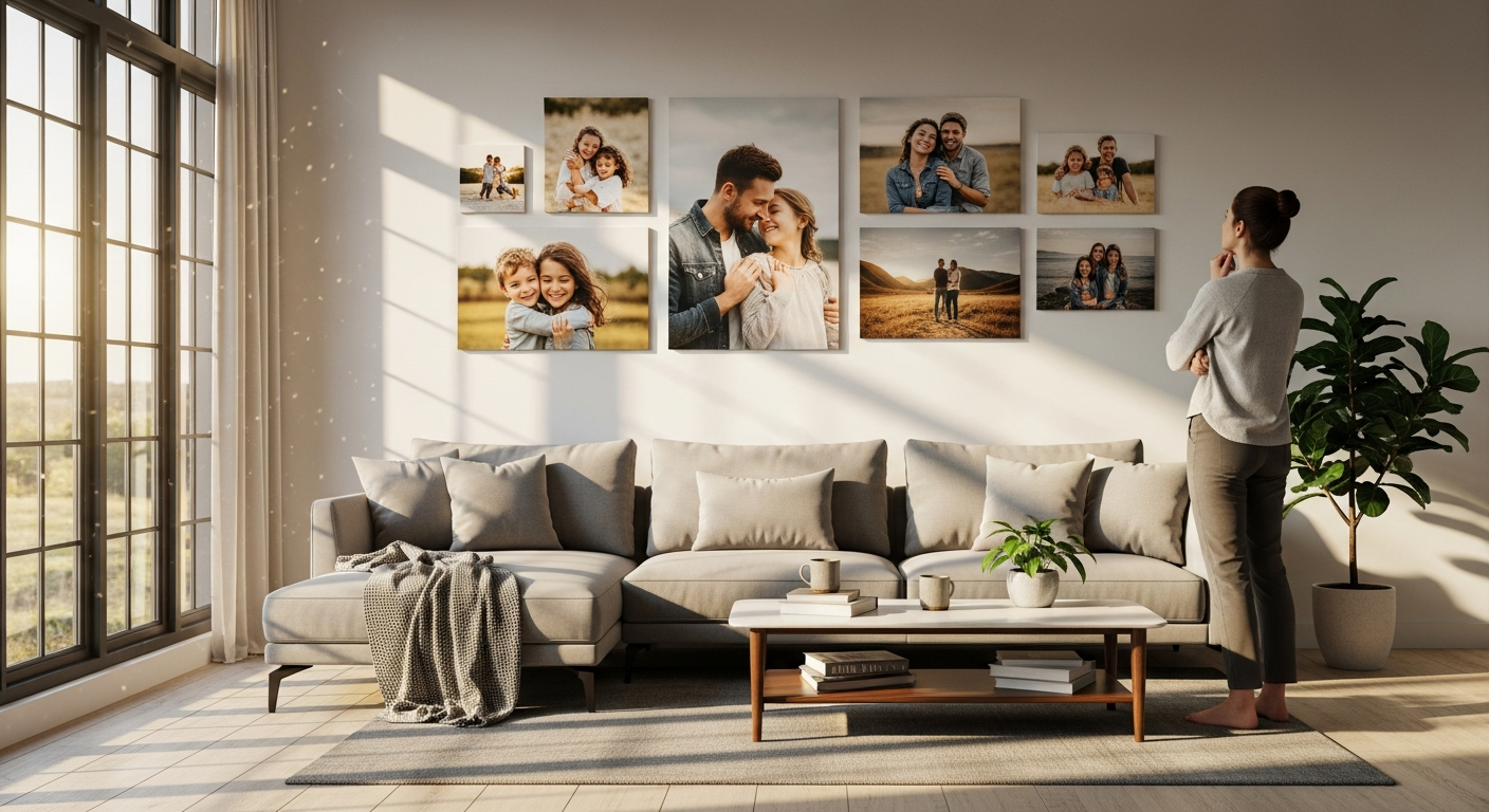 Custom photo canvas print displayed on living room wall showing vibrant family photograph with wooden frame