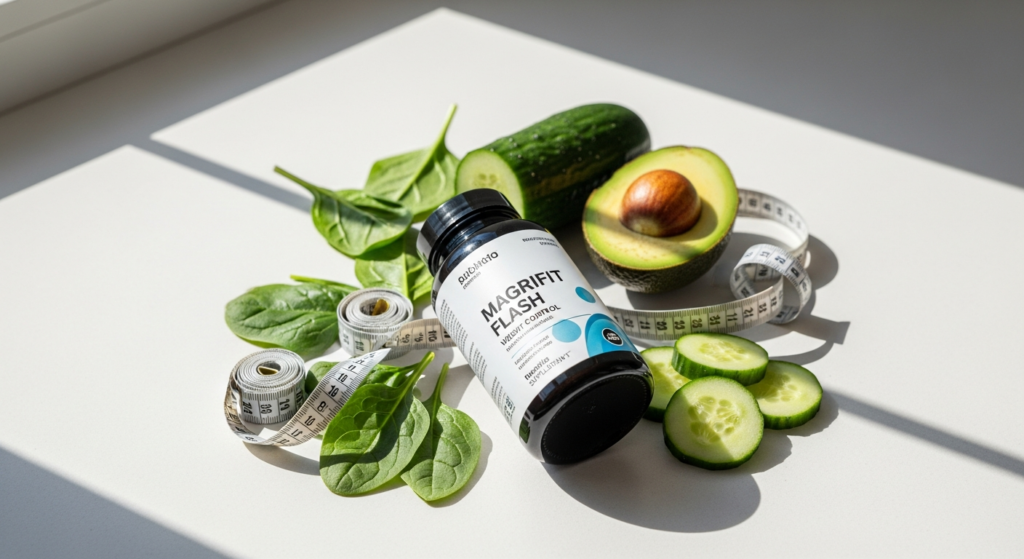 Magrifit Flash weight control supplement bottle with natural Melissa and Fucus ingredients displayed