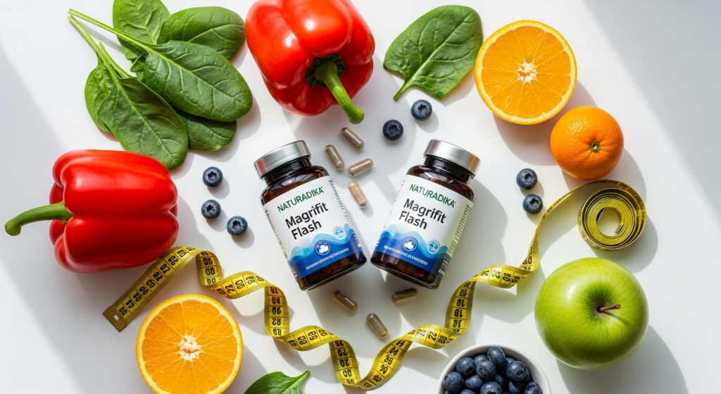 Naturadika Magrifit Flash weight loss supplement capsules with natural ingredients displayed on white background