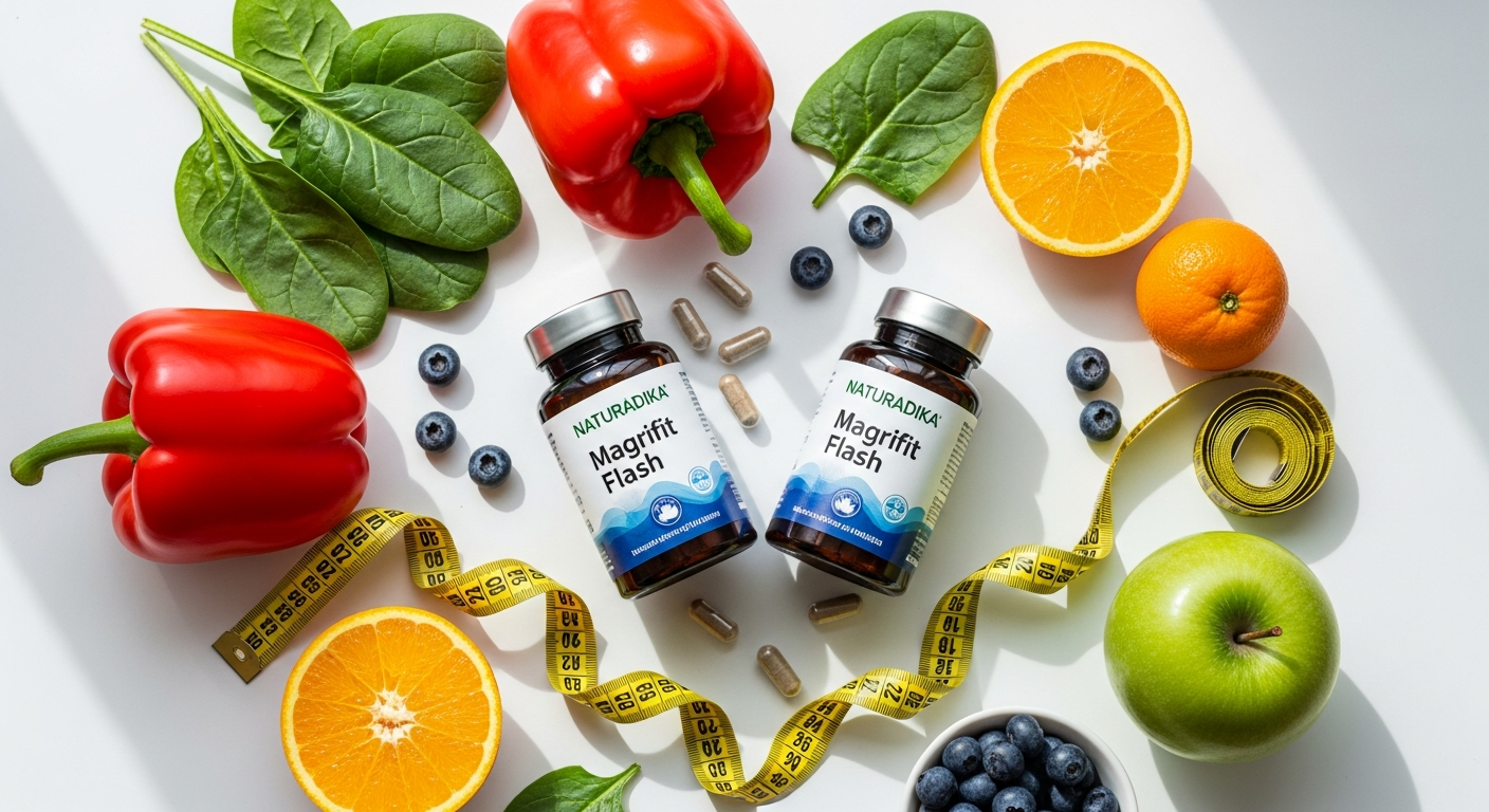 Naturadika Magrifit Flash weight loss supplement capsules with natural ingredients displayed on white background