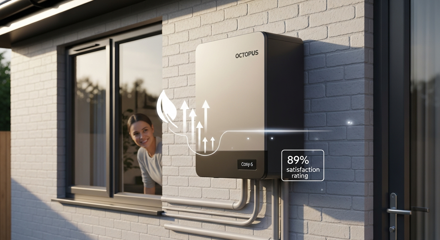 Octopus Cosy 6 heat pump unit installed on exterior wall of modern UK home