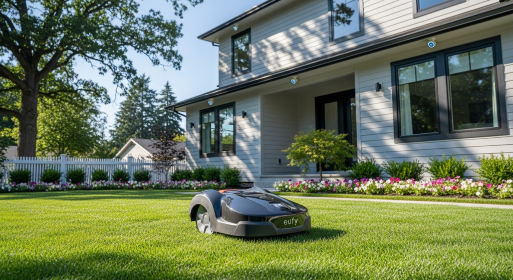 eufy Robotic Lawnmower E15 with solar-powered security camera in a residential yard setting