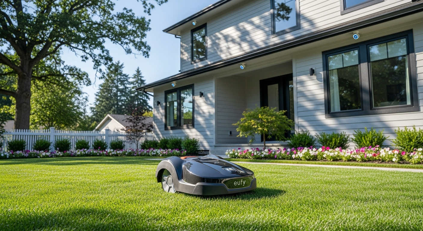 eufy Robotic Lawnmower E15 with solar-powered security camera in a residential yard setting