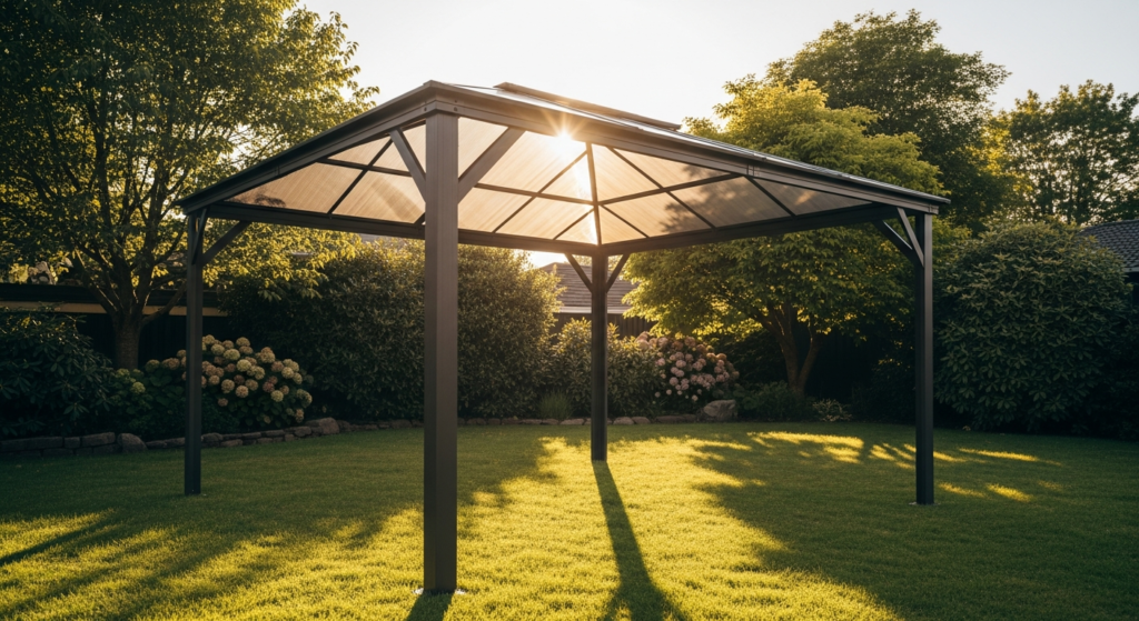 Kozyard Alexander Hardtop Gazebo with steel roof standing in snowy winter conditions