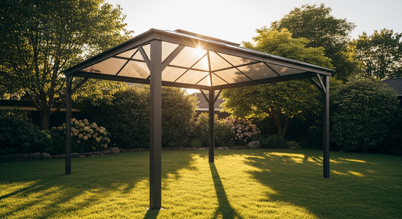 Kozyard Alexander Hardtop Gazebo with steel roof standing in snowy winter conditions